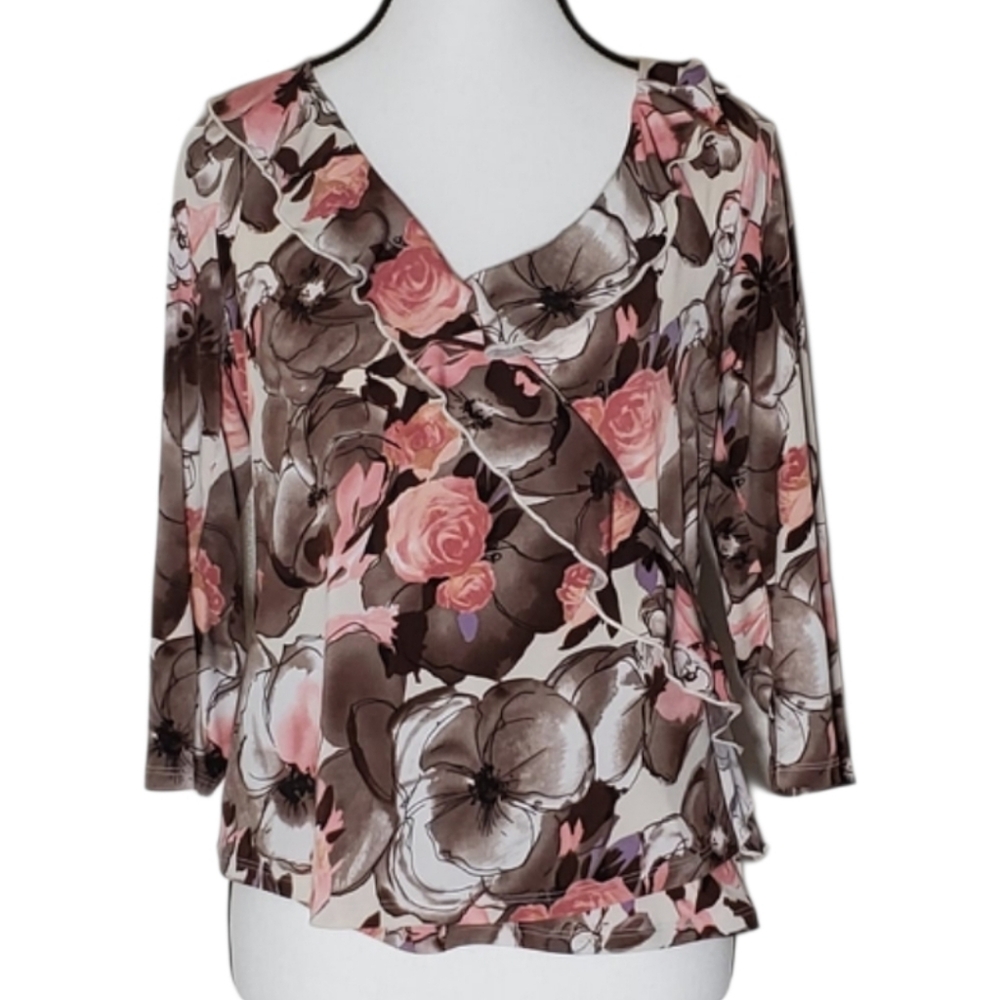 3/$15 George Pink and Brown Floral Blouse Ruffled Collar Stretch NWOT LARGE